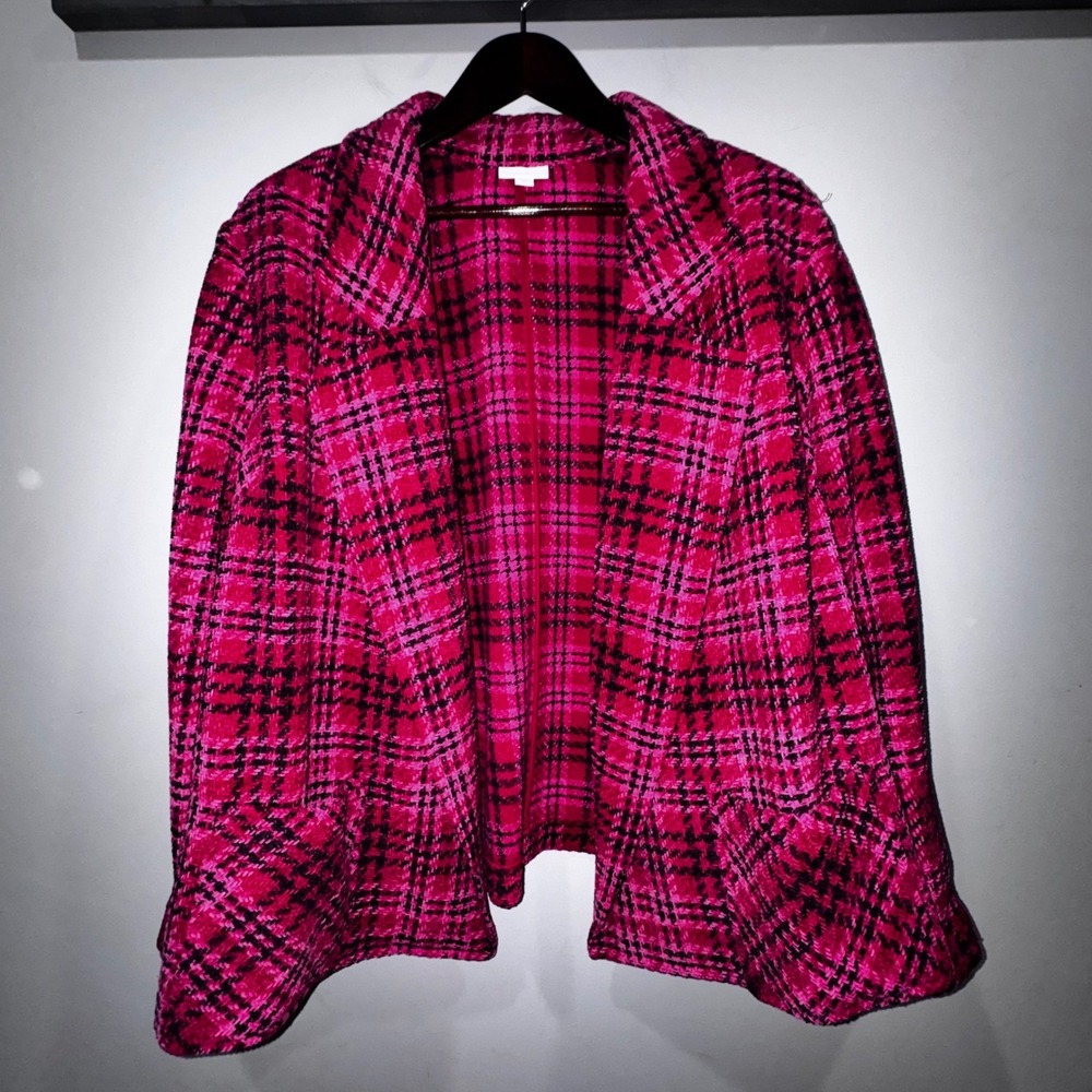 J. Jill Plaid Chenille Blazer Women XL TALL Pink‎ Black Open Front Academia $149 - Picture 2 of 10